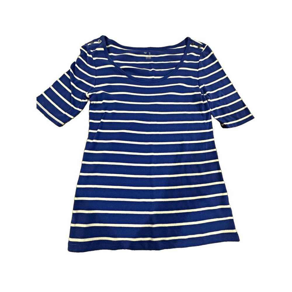 Gap Women's L Blue White Striped Super Soft Knit Scoop Neck T-Shirt Button